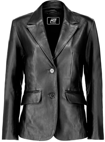 Jild Klassische 2-Knopf-Lammlederjacke für Damen - lässiger langärmeliger Mantel Damen-Lederjacke, Schwarz , 50