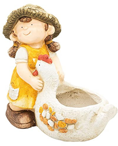 Wichtelstube-Kollektion XL Gartenfigur Dekofigur Katherina mit Huhn als Blumentopf Gartendeko Figuren für draußen ca. 40cm groß Outdoor Gartendekoration