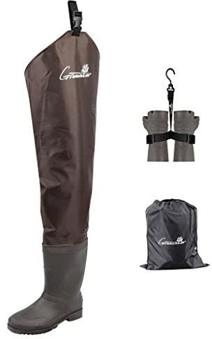 GREENWATER Hip Waders for Men Women with Boots Waterproof,2-Ply PVC/Nylon Adult Bootfoot Hip Waders with Cleated for Fishing & Hunting (Brown, M10/W12)