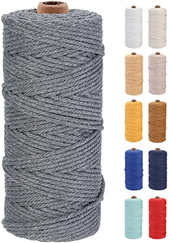 GOHOF 3mm x 100m Premium Cotton Macrame Rope, 4 Strand Twisted Soft Cotton Cord, Perfect for Macrame Art, Dark Grey
