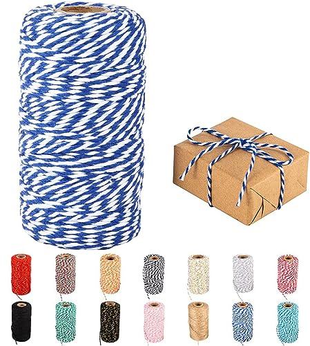Cotton Bakers Twine，328 Feet Cotton Cord Crafts Twine String Natural Blue Cotton String Twine for Gift Wrapping, Christmas Decor, Bottle Decorations, Baby Shower Decor