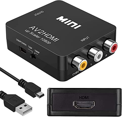 XMSJSIY RCA zu HDMI Konverter, 1080P AV Composite CVBS Video Audio Adapter, Unterstützung PAL/NTSC für TV PC VHS VCR DVD - Schwarz