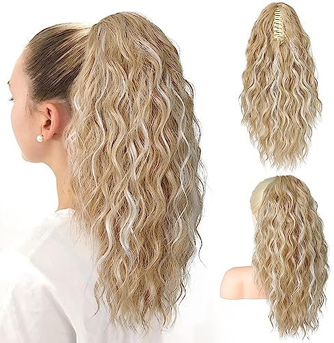 PORSMEER Extension de cheveux en queue de cheval de 18 pouces, Blond cendré platine mixte Griffe Longue Multi Couches Cheveux Fluffy Épais Ondulé Curly Clip dans les cheveux, Postiche synthétique