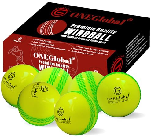 ONEGlobal Premium Windball Soft Cricket Ball | Durable & Safe, Colour Seam, True Bounce & Swing | Wind Ball for Outdoor & Indoor Practice, Coaching, Garden & Beach Games (6-Fluoro Yellow)