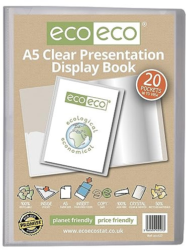 eco-eco eco127 Präsentationsbuch, A5, 50% recycelt, 20 Fächer, durchsichtig, Aufbewahrungsbox, Portfolio-Kunstmappe mit Kunststoffhüllen, transparent