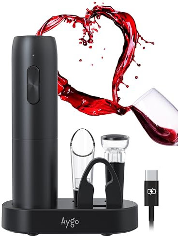 Aygo Korkenzieher Elektrisch, Wiederaufladbar 5 in 1 Wine Opener, mit Sockel, Folienschneider, Weinbelüfter, Vakuumpumpe, Weinkorken, Geschenkidee Weinflaschenöffner für Männer