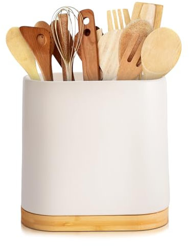 VIREESR Grand Porte-Ustensiles de Cuisine en Céramique pour Comptoir, Support avec Base en Bois de Bambou, Facile à Nettoyer, pour Spatules