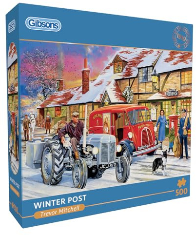 Gibsons Winter Post 500 Piece Jigsaw Puzzle for Adults – Snowy Village Post Office Scene by Trevor Mitchell – Nostalgic British Artwork – Premium Sustainable Puzzle Made in the UK/EU
