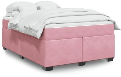 vidaXL Pink Velvet Box Spring Bed with Mattress Frame & Topper - 140x200 cm Pocket Spring Mattress - Medium Firm - Complete Bed Set for Modern Bedroom