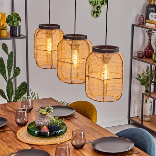 HOFSTEIN Hängeleuchte Boudou, 3-flammige Hängelampe aus Metall/Holz/Stoff in Schwarz/Natur, Boho-Design, Pendelleuchte mit Stoff-Schirmen, höhenverstellbar bis 168cm, E27, Esszimmer, Wohnzimmer, Küche