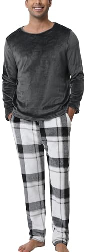 Yukiuiny Pijamas Terciopelo Hombre Algodón Invierno Botones Pantalón Largo Set Camiseta y Ropa de Dormir Manga Larga Tops Cómodo Regalos para Hombres Gris Oscuro + Cuadros M