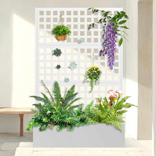 Metal Planter Box with Trellis & Wheels, Raised Garden Bed with Privacy Screen, Outdoor Standing Flower Beds with Drainage Hole for Climbing Plants, Vine, 47 Lx16 Wx71 H
