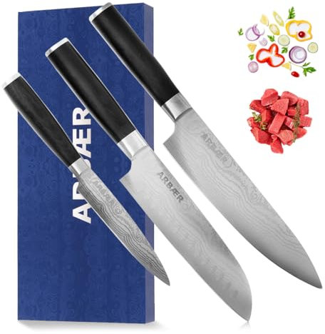 Arbaer Messerset 3-teilig – Kochmesser, Santoku, Universalmesser – Japanischen Damastdruck auf der Klinge – Pakka-Holzgriff – in Geschenkbox