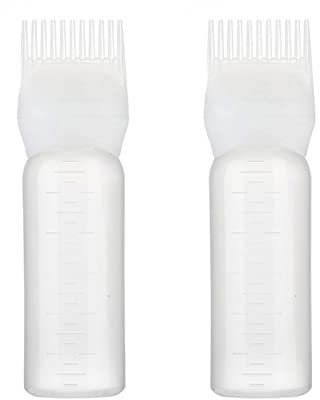DATSH 2 Pack Hair Dye Brush Bottle Root Comb Applicator Bottle - White, 6oz / 180ml, Plastic, Reusable, Water Outlet Comb, Hair Coloring & Scalp Treatment