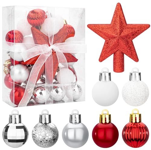 Boules de Noël, 30 Pcs Décorations d'arbre de Noël, Mini Boules Sapin de Noel en Plastique, Colorées Ornements pour Decoration Noel Extérieur ou Intérieure, Fête, Mariage, Rouge Blanc Argent