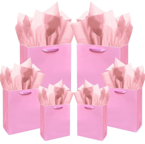 Gcardis Rosa presentpåsar med silkespapper, olika storlekar, 10 presentpåsar för födelsedagar (2 stora 13 tum, 4 medium 9 tum, 4 små 6 tum, 22 stycken silkespapper)