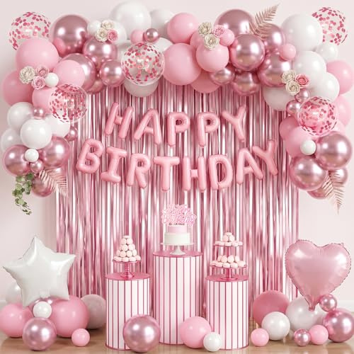 Decorazioni Compleanno Rosa Per Donna Bambina, Palloncini Cuore Rosa Bianchi Con Inserto Torta Tende Metallizzati, Decorazioni Palloncini Elio Happy Birthday Per 18th 21st 30th Allestimento Compleanno