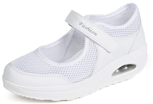 Scarpe Ortopediche Donna Estive con Zeppa e Cuscino d'Aria Sneakers Basculante Traspiranti in Mesh con Cinturino a Comode per Camminata Lavoro Infermiere (Bianco,38)
