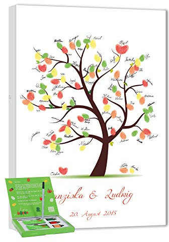 Hochzeitsbaum Fingerabdruck 60x40 mit NAMEN & DATUM - INKL Zubehör-Set (Stempelkissen+Stift+Anleitung+Hochzeitsbuch+...) - Hochzeitsbaum Fingerabdruck Gäste