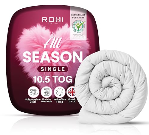 Rohi Anti Allergy Single Duvet 10.5 Tog – All Season Duvets – Soft & Breathable Luxurious Hollowfibre Quilt with Corvin Cover – Midweight Comforter Single Bed Duvet (All Season)