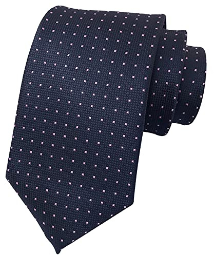Rosiika Mens Navy Blue Jacquard Woven Silk Tie Pink Pin Dot Evening Porm Wedding Party Necktie