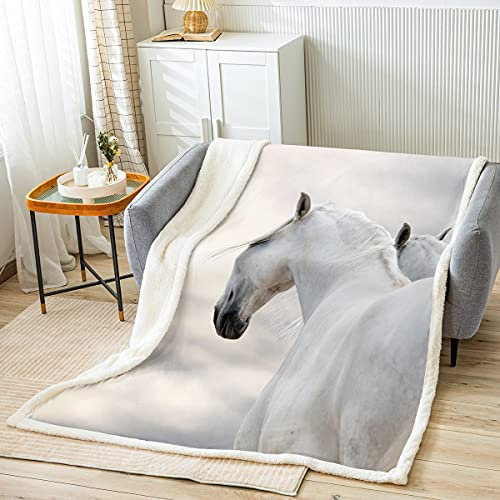 Loussiesd Weiß Pferd Kinder Decke 150x200cm für Mädchen Jugendliche Mädchen Pferd Motiv Kuscheldecke Süß Tiere Thema Wohndecke Flanell Fleecedecke Super weich
