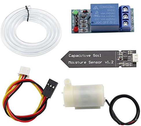 Heevhas Automatische Bewässerung DIY Kit Bewässerungssystem, 1 Kanal 5 V Relais Modul + Kapazitiv Bodenfeuchtesensor + Horizontal Mini Wasserpumpe + 1M PVC Schlauch für Arduino