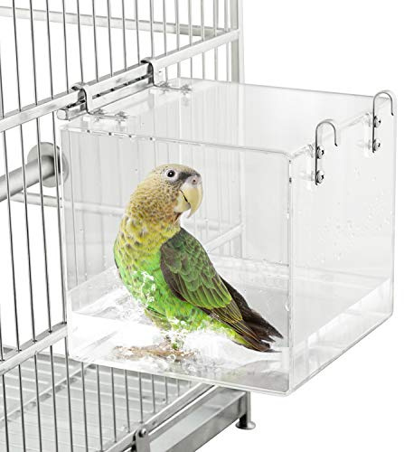 HOSUKKO Bird Bath for Cage No-Leakage 6.4inch x 6.4inch Acrylic Clear Bird Bathtub Parrot Parakeets Shower Bird Feeder for Cage Bathtub Box for Small Bird Parrot with 4 Hooks