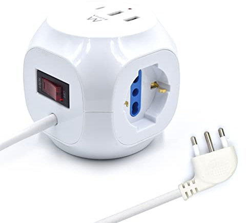 Multipresa Elettrica, Ewent Multipresa a Cubo 3 prese Schuko, Con 2 prese USB e 1 presa USB-C, Spina Italiana 16A con cavo lungo 1.5 metri, Protezione da Sovratensione, Adatta per Casa/Ufficio, Nera