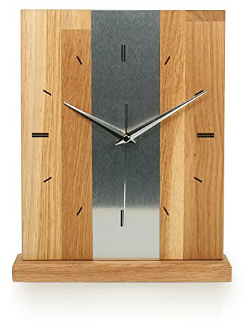 Kreative Feder Designer-STANDUHR Silver Stripe aus MASSIVHOLZ 27x20cm – analoge TISCHUHR ohne Tickgeräusche (Funkuhrwerk, Eiche)