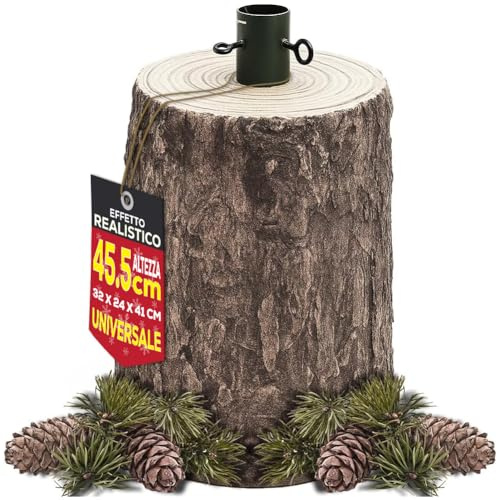 BAKAJI Base Supporto Albero di Natale in Resina, Tronco Realistico Natalizio, Riproduzione Fedele alla Realtà Solida Resistente, Attacco Universale 40mm Ganci per Adattamento Altezza (45.5 cm)