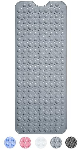 Extra Long Bath Mat Non-Slip - 100x40cm Anti-Mould Shower Mat with Secure Suction Cups, shower Mat Non-Slip Anti Mould, Soft Touch PVC Bathroom Mat for Inside Bathroom | Solid Grey