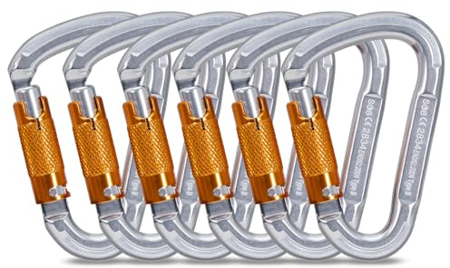 Mosquetones de Bloqueo, Mosquetones de Escalada Gancho Mosquetón de Trabajo Pesado con Tapón de Rosca para Camping, Hamacas, Columpio, Llavero (25KN 6Pack)