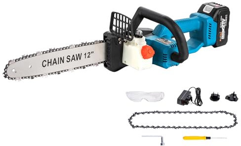 KATSU FIT-BAT 21V Motosierra Batería 12 Pulgadas con 4,0Ah Batería y Cargador, Cadena Adicional y Bomba de Aceite Manual, para Cortar Ramas de árboles Madera