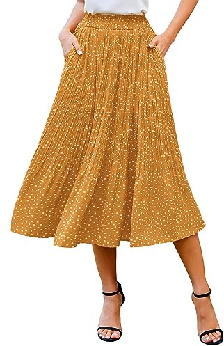 Parabler Gonna da donna in chiffon midi elegante floreale polka pois elastico in vita gonna estiva lunga plissettata con tasche, giallo., M