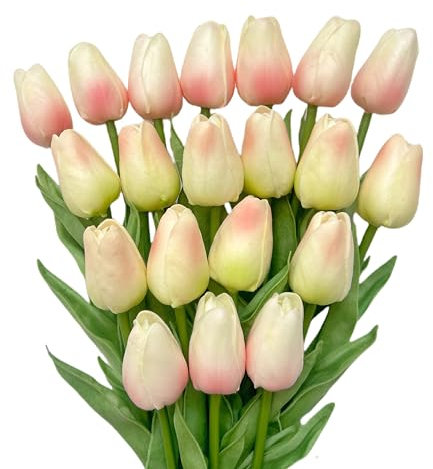 HEPENG 20 Tulipanes Artificiales de 32,5 cm, PU Real Touch, Flores Decorativas para Bodas, Hogar, Oficina, Fiesta, Mesa, Jardín, Navidad y Eventos en Interiores y Exteriores (Rosa y champán)
