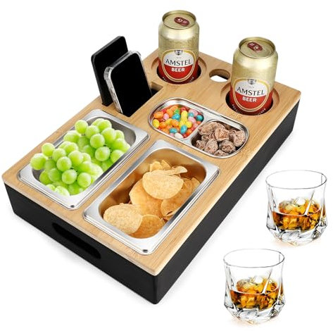 Auauraintt Sofa Tablett, Couchbar Snackbox, Mit Snackschalen Aus Edelstahl,mit Abnehmbarer Deckel, der perfekte Couch Organizer, für Wohnzimmer Sofa Restaurant Picknick Party
