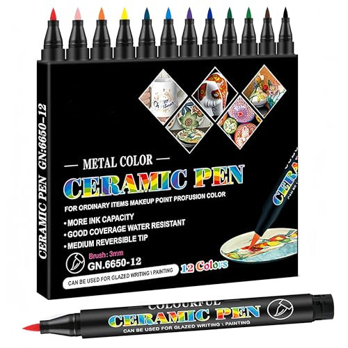 LMMINBZ Permanent Marke Ceramics Pens 12 Colors Porcelain Paint Brush Pen for Both Glazed and Unglazed Ceramics Christmas Decoration Wine Markers for Adults