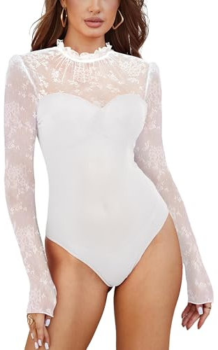 SEBOWEL Body in pizzo da donna, sexy, a maniche lunghe, in rete, con scollo a V, elegante top trasparente, bianco, M