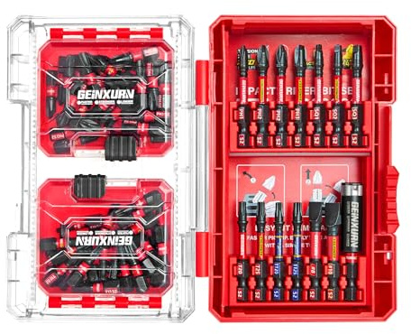 Geinxurn 74Pieces Impact Screwdriver Bits Set, Magnetic S2 Steel Phillips/Slotted/Square/Torx Insert Power Bits Tips, Impact Bit Holder with Red Storage Box Case