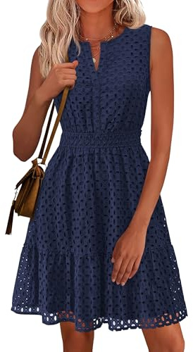 PRETTYGARDEN Women's Summer Dresses 2026 Sleeveless V Neck Eyelet Hollow Out Swing A Line Beach Vacation Sun Dress (Navy,Medium)
