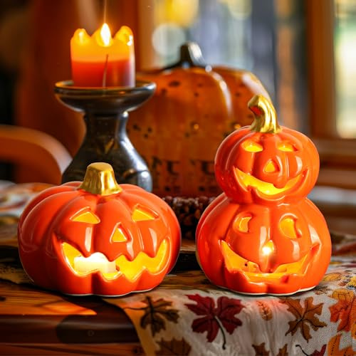 FTUREERA 2 unidades de calabaza decorativa de Halloween, farol de calabaza con cara espeluznante, decoración de calabaza, cerámica de Halloween, calabaza de cerámica con luz LED para Halloween