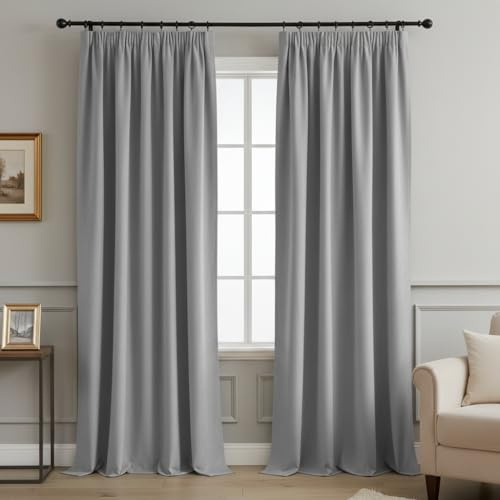 PONY DANCE 100% Blackout Thermal Insulated Curtains, 52x90, Silver Grey | Pencil Pleat Rod Pocket Curtains for Bedroom and Living Room, 2 Panels, Noise Reduction, Light Blocking & Privacy Drapes