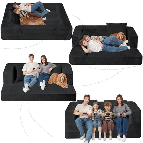 Cansunna Futon Sofa Bed with Pillow, 3-in-1 Sleeper Sofa Bed with Removable Cover, Convertible Floor Sofa Bed, No Assembly Boneless Couch for Living Room, Bedroom