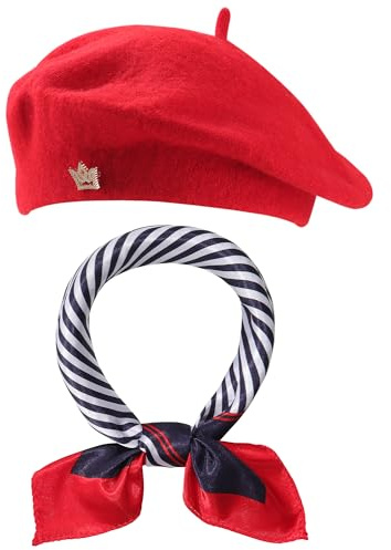 SECRET AROMA Ensemble de 3 bérets français en Laine, Chapeau, écharpe, Couronne, épingle, Accessoires de Costume pour Femme, Artiste Peintre, fête à thème française