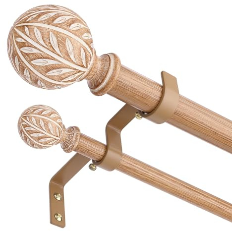 Wood Double Curtain Rods 36-153 Inch, Decorative Boho Extra Long Dual Curtain Rods for Windows with Handmade Faux Wood Leaf Finials, 1 Inch Adjustable Heavy Duty Spliced Metal Double Rod