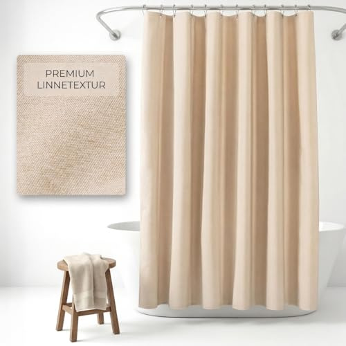 NESTN® Duschdraperi 180x180cm Beige – Tungt linne, vattentätt, antimögel | Shower curtain, Klibbnar ej vid kroppen, viktat fall, metallöglor med kullager. Maskintvättbar, snabbtorkande, antimikrobiell