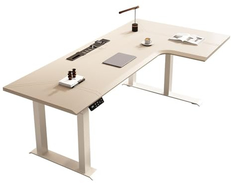 Sit-Stand-skrivbord L-format elektriskt ståbord med laddningsuttag, höjdjusterbart hörnskrivbord for hemmakontor sadelskinnsskiva Studiebord(S)