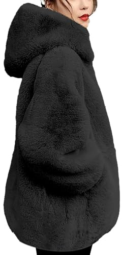 Uwdiohq Chaqueta de Felpa y algodón para Mujer con Cremallera, suéter Capucha imitación Chaqueta De Pelo Mujer Abrigo Borrego Reversible Abrigo Peluche Negro Abrigos Largos Invierno Primavera