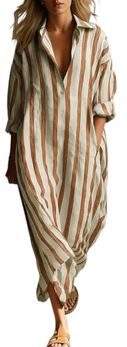 Générique Robe Chemise Longue Rayée Décontractée Femme 2026, Manches 3/4 Retroussées Lin Coton Boho Plage Vacances